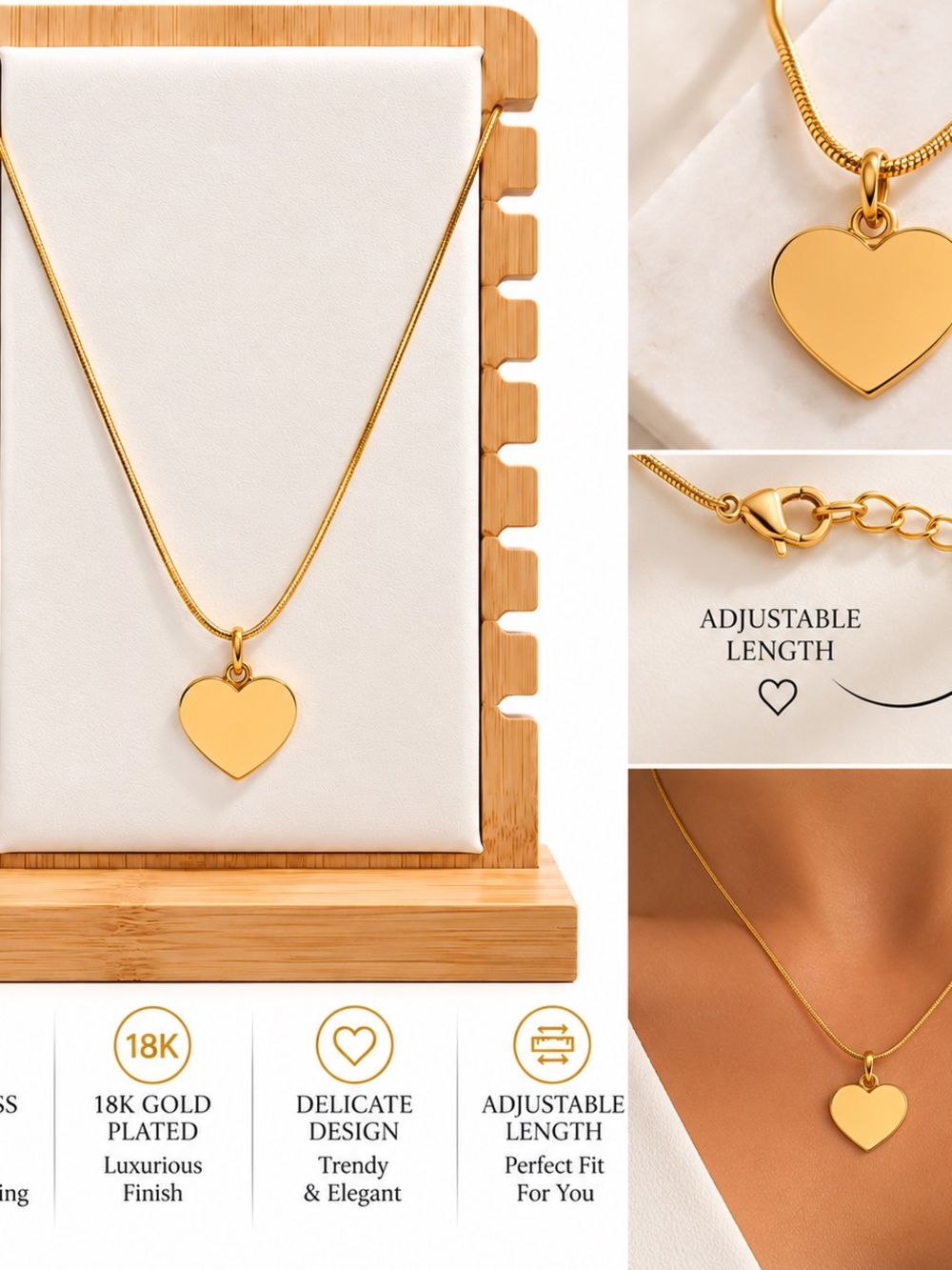 18K Gold Plated Heart Pendant Necklace - Elegant Women's Jewelry